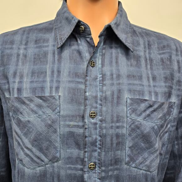 Affliction Black Premium Shirt Blue Plaid Long Roll tab Sleeves Dual Pockets L - Picture 2 of 13